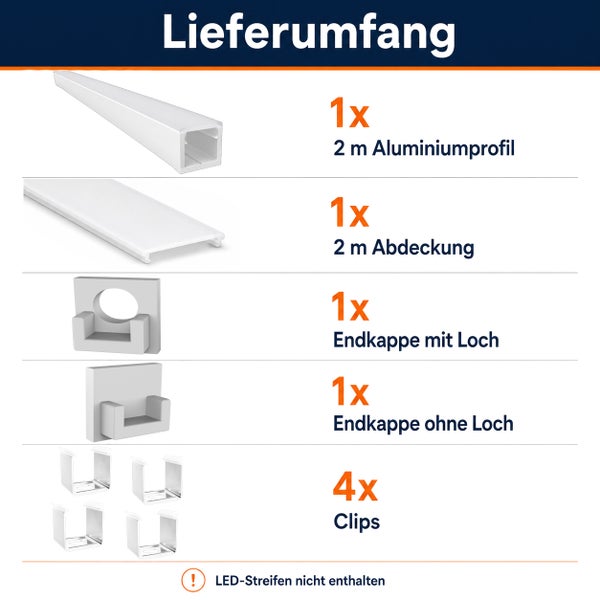 Lieferumfang LED Aluminiumprofil Set mit zwei Meter Profil Abdeckung Endkappen und Befestigungsclips ohne LED Streifen
