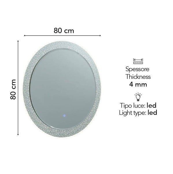 Runder LED-Badspiegel mit 80 Zentimeter Durchmesser, 4 Millimeter Dicke, dekorativem Rand und integrierter LED-Beleuchtung.