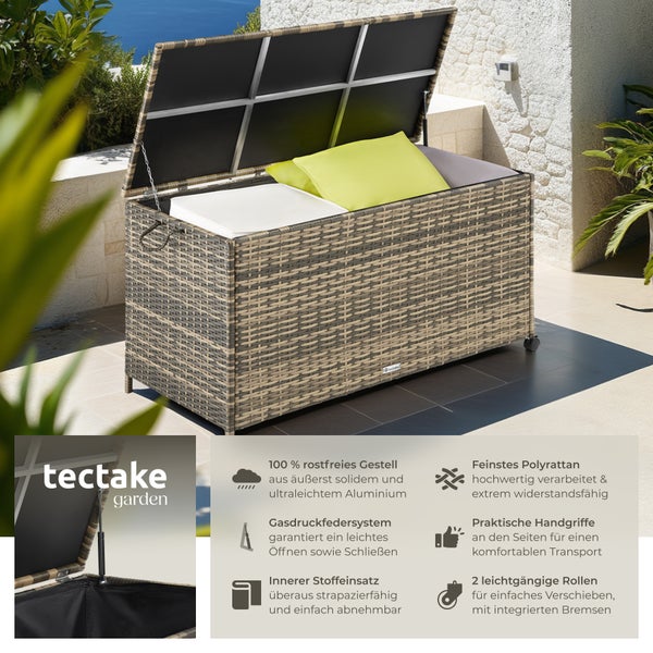 Auflagenbox tectake Kuusamo 117 x 54 x 64 cm mit Aluminiumgestell und Rattangeflecht natur