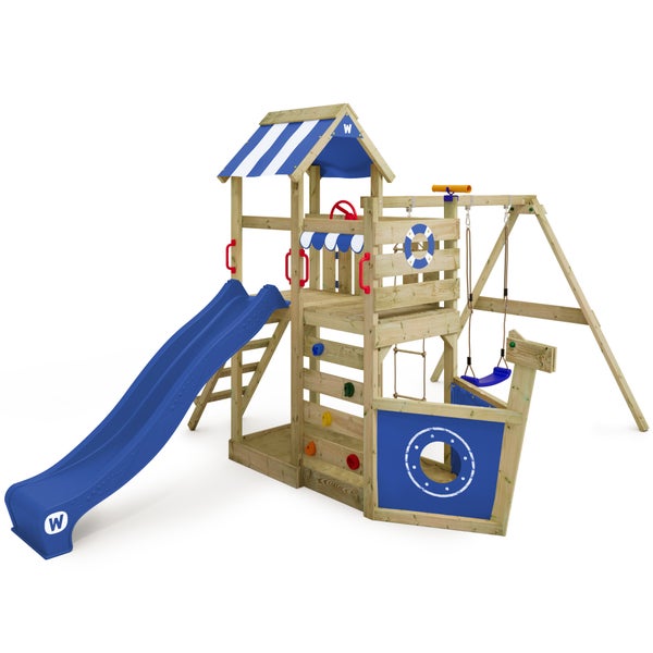 WICKEY Spielturm Klettergerüst SeaFlyer mit Schaukel und Rutsche, Baumhaus mit Sandkasten, Kletterleiter und Spiel-Zubehör - blau