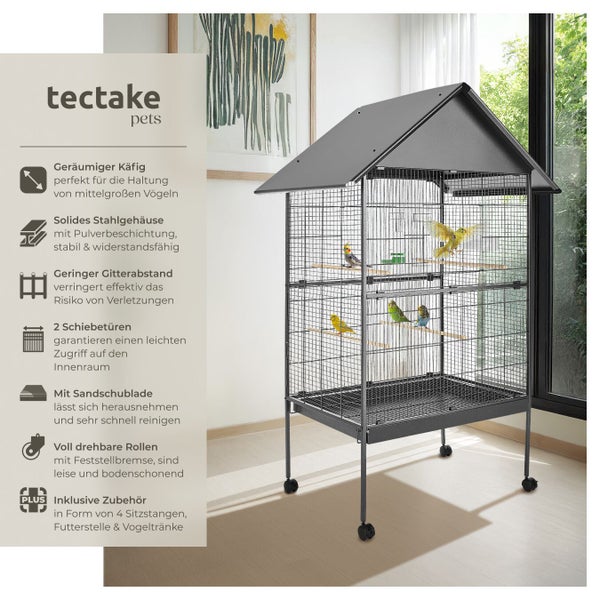Grauer Vogelkäfig mit Rollen und Zubehör für mittelgroße Vögel
