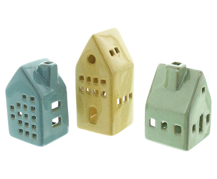 FRANK FLECHTWAREN | Teelichthalter Häuser, 3er Set, PORZELLAN, 6,5 x 6,5 x 10 cm, 6 x 5,5 x 10 cm, 6 x 6 x 13,5 cm