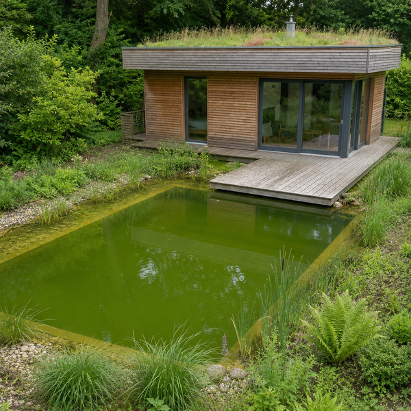 Modernes Gartenhaus aus Holz mit Gründach, Holzterrasse und einem rechteckigen Naturteich inmitten einer grünen Gartenlandschaft.