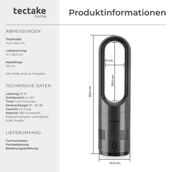 Turmventilator tectake Polar 14,5 x 55,5 cm, inklusive Fernbedienung 80° Oszillation, 20 W anthrazit