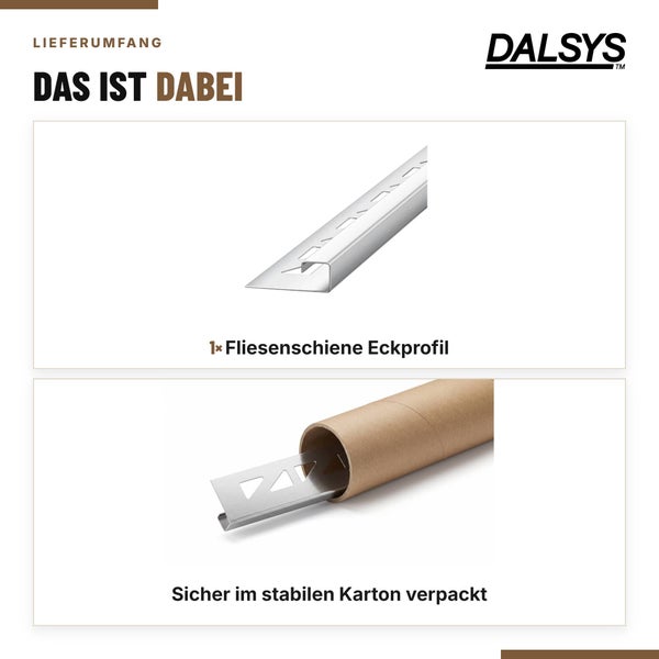 Dalsys Fliesenschiene Eckprofil aus Metall, sicher verpackt in stabiler Kartonrolle für den Transport.