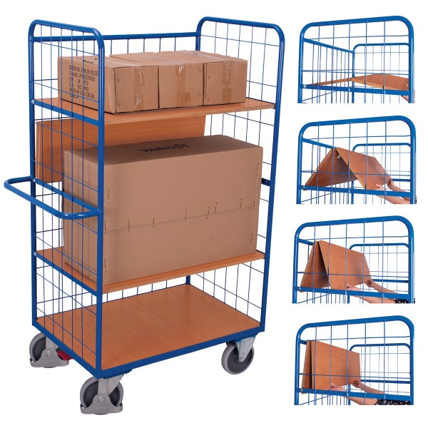 Blauer Etagenwagen mit drei Holzablagen und Rollen, beladen mit Kartons, und Detailansichten der klappbaren Ablagen