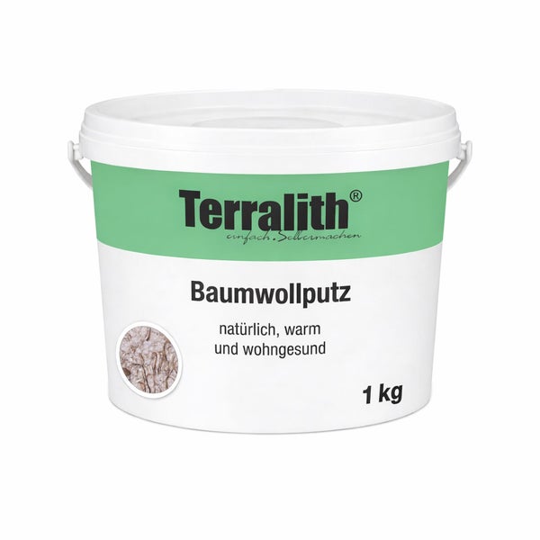 Terralith Baumwollputz im 1 Kilogramm Eimer für die Wandgestaltung.