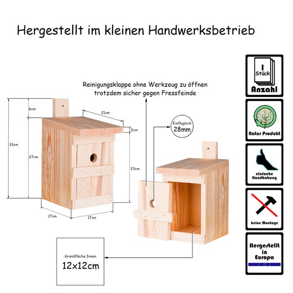 Nistkasten für Meisen & Kleinvögel - Vogelhaus aus Massivholz - 27x17x17cm - Brutkasten handgemacht in Europa - Meisenkasten wetterfest mit Einflugloch 28mm