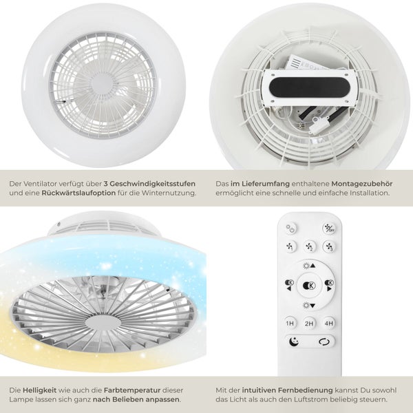 Runder Deckenventilator mit integrierter LED Beleuchtung, Fernbedienung, drei Geschwindigkeitsstufen und Winterfunktion zur Luftumwälzung.