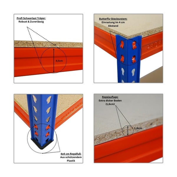 PROREGAL Mega Deal 4x Profi Schwerlastregal Bison HxBxT 200 x 200 x 60 cm 4 Fachböden Fachlast 600 kg Blau-Orange