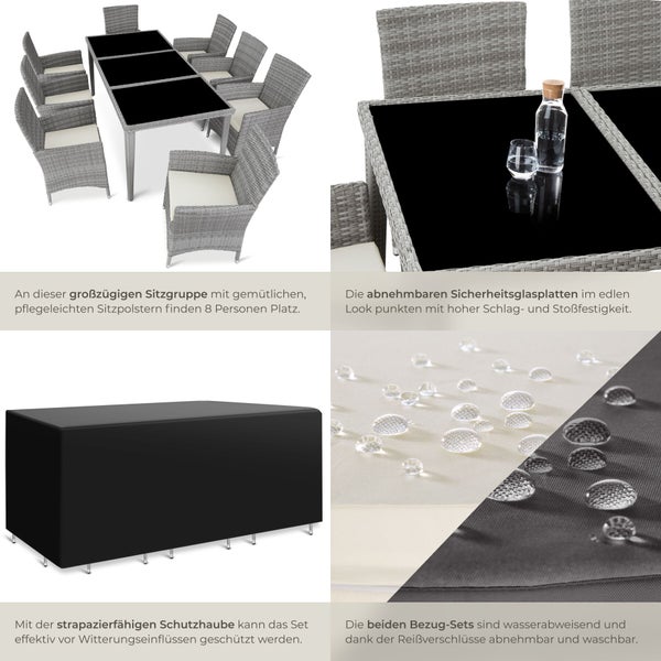 Neunteiliges Gartenmöbel-Set aus Polyrattan mit Tisch, acht Stühlen, Sitzkissen und schwarzer Schutzhaube. Wasserabweisende Bezüge.