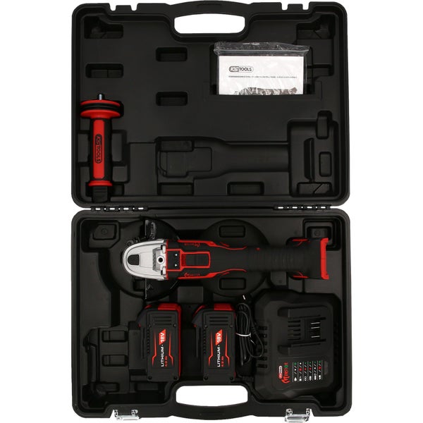 KS Tools Akku-Winkelschleifer Set 18 Volt im schwarzen Kunststoffkoffer mit zwei Akkus 4,0 Amperestunden, Ladegerät, Handgriff und Anleitung.