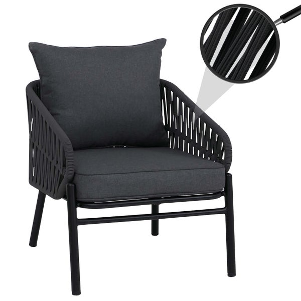 Anthrazitfarbener Loungesessel für den Garten mit Seilbespannung, Kissen und Detailansicht des Geflechts.