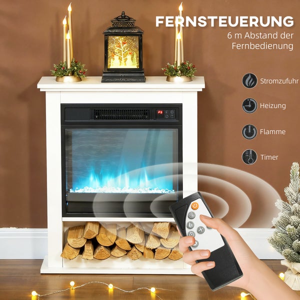 Weißer Elektrokamin mit blauen LED-Flammen, Deko-Holzscheiten und einer Fernbedienung mit circa 6 Meter Reichweite. Symbole für Heizung, Flamme und Timer.
