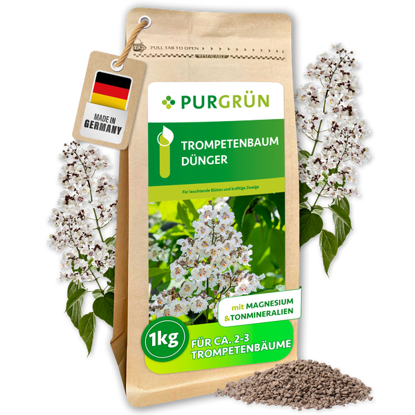 Purgrün Logo, Trompetenbaum-Dünger, 1 kg Beutel mit Magnesium und Tonmineralien für circa 2 bis 3 Bäume. Hergestellt in Deutschland.
