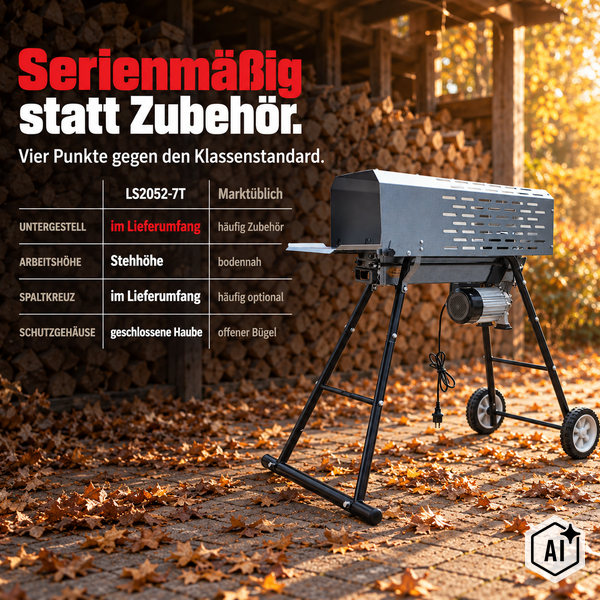 Holzspalter LS2052-7T mit Vergleichstabelle der Ausstattungsmerkmale auf einem gepflasterten Untergrund vor aufgestapeltem Brennholz.