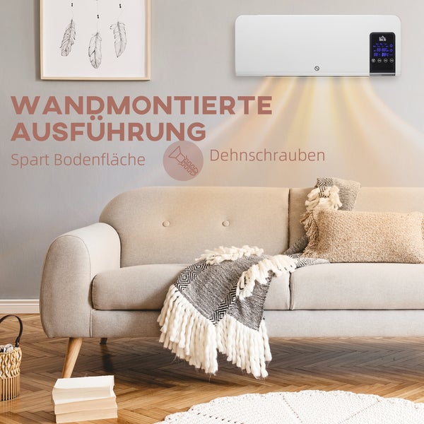 Wandmontiertes Heizgerät mit digitalem Display über einem Sofa im Wohnzimmer, platzsparend durch Wandmontage mit Dehnschrauben.