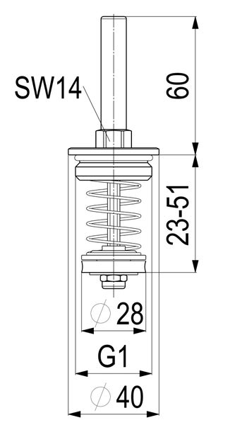 Technische Zeichnung mit Maßangaben für ein Ventilteil mit den Werten SW14, 60, 23 bis 51, 28, G1 und 40.