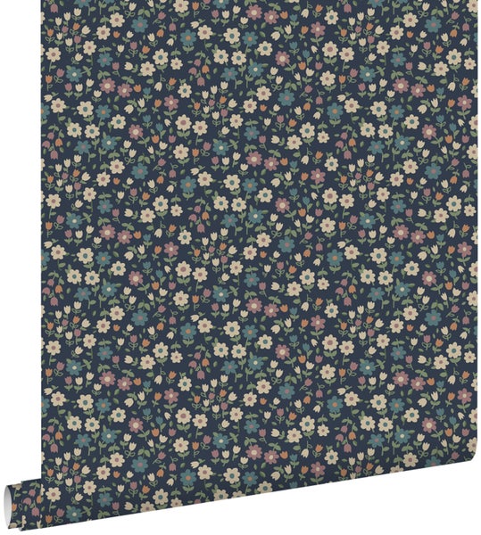 ESTAhome Tapete Blumen Dunkelblau, Violettrosa und Graugrün - 53 cm x 10.05 m - 139471