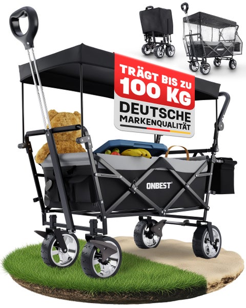 Faltbarer Bollerwagen mit Dach von Onbest, Tragkraft 100 Kilogramm, große Räder, Teleskopstange und Schiebegriff, deutsche Markenqualität.