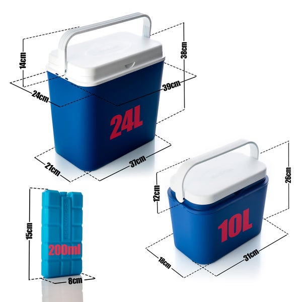 Kühlbox 2er Set 24 L groß + 10 L klein blau/weiß inkl. 6 Kühlakkus - Bis zu 14 Std. Kühlung - Outdoor Kühltasche Thermobox für unterwegs - Made in Europe
