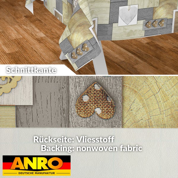Wachstuch-Tischdecke mit Holzoptik und Herzmotiv, Detailansicht der Schnittkante und Rückseite aus Vliesstoff, ANRO Logo.