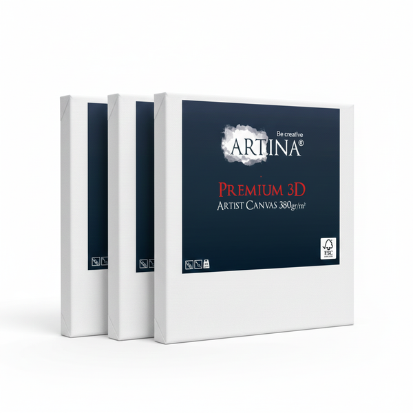 Drei Artina Premium 3D Keilrahmen aus Baumwolle, 380 Gramm pro Quadratmeter, FSC zertifiziert.