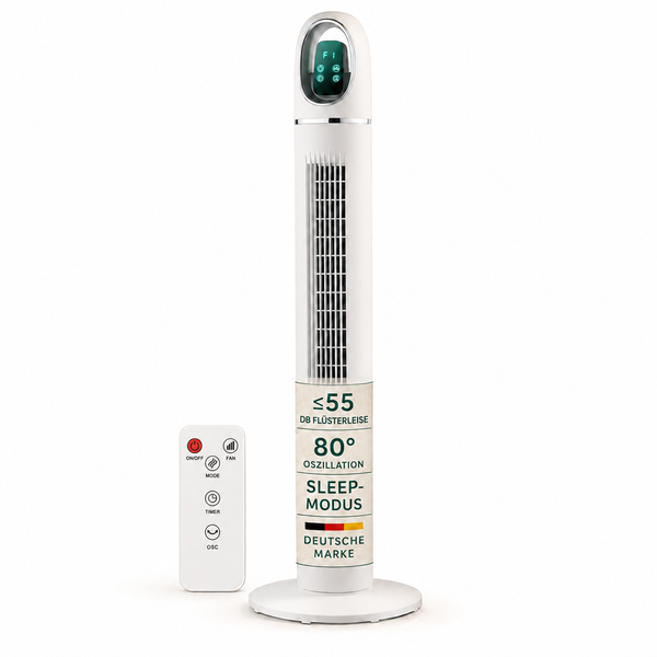 Turmventilator in Weiß mit Fernbedienung, Digitalanzeige, 80 Grad Oszillation, Schlafmodus und leisem Betrieb unter 55 Dezibel.