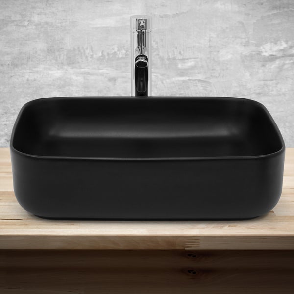 ML-Design Waschbecken aus Keramik in Schwarz Matt, 51x40,5x13,5cm, Rechteckige Aufsatzwaschbecken, Moderne Waschtisch, Waschschale mit Abflussloch, Waschplatz Handwaschbecken, für Badezimmer/Gäste-WC
