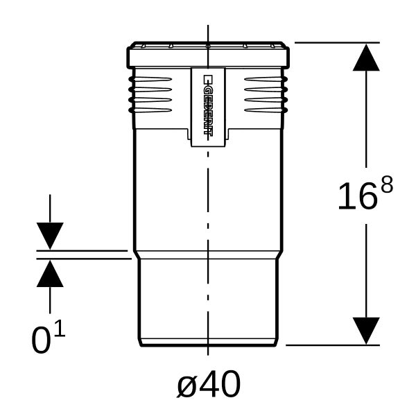Technische Zeichnung einer Geberit Anschlussmuffe mit einem Durchmesser von 40 Millimetern und einer Höhe von 16,8 Zentimetern. Geberit Logo.