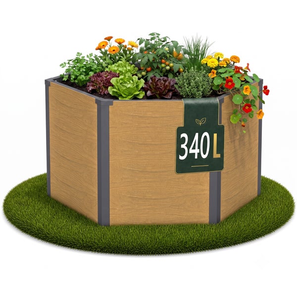 Sechseckiges Hochbeet in Holzoptik bepflanzt mit Gemüse und Blumen, inklusive Kennzeichnung für 340 Liter Füllvolumen.