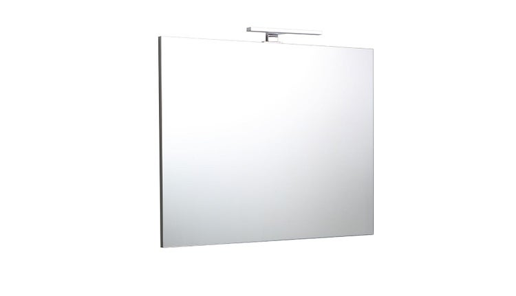 Rechteckiger Badezimmerspiegel mit aufgesetzter LED-Leuchte in Chrom-Optik.