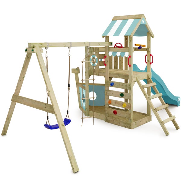 WICKEY Spielturm Klettergerüst SeaFlyer mit Schaukel und Rutsche, Baumhaus mit Sandkasten, Kletterleiter und Spiel-Zubehör – pastellblau