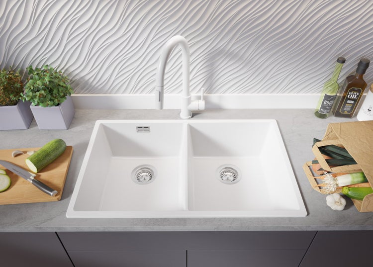 PRIMAGRAN Spülbecken Weiß 76x47cm, Granitspüle 2 Becken + Ablauf-Set, Küchenspüle ab 80er Unterschrank - London Slim Twin