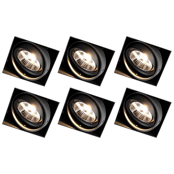 Sechser-Set quadratische Einbaustrahler in Schwarz mit schwenkbaren runden Leuchtköpfen.
