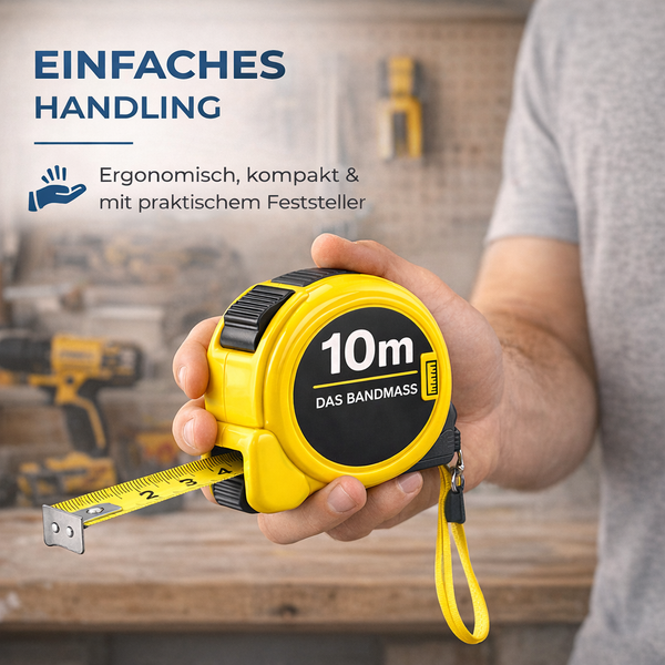 Gelbes 10 Meter Rollmaßband mit Feststellfunktion, ergonomisch in einer Hand gehalten.