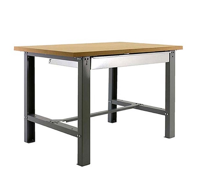 Werkbank mit Holz-Arbeitsplatte, Metallgestell und integrierter Schublade.