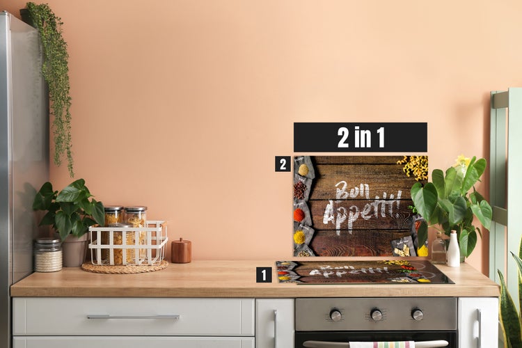 Herdblende-/Abdeckplatte Abdeckplatte Herd - Acrylglas Bon Appettit Holzoptik | Spritzschutz | Lokal produziert Camping | COV00058 | 80cm x 52cm x 0.4cm
