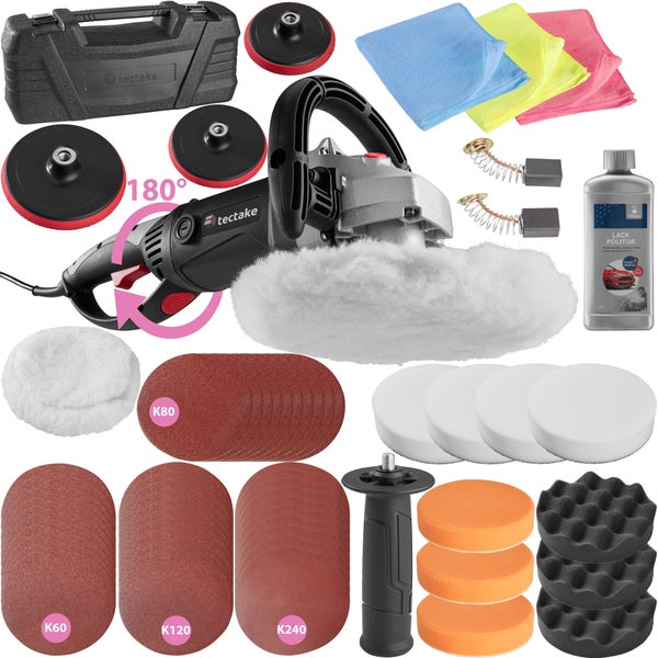 60-teiliges Poliermaschinen-Set tectake  inklusive Lackpolitur, 3 Mikrofasertüchern, 40 Schleifpapieren, 2 Ersatzkohlen und Transportkoffer 1500 W schwarz