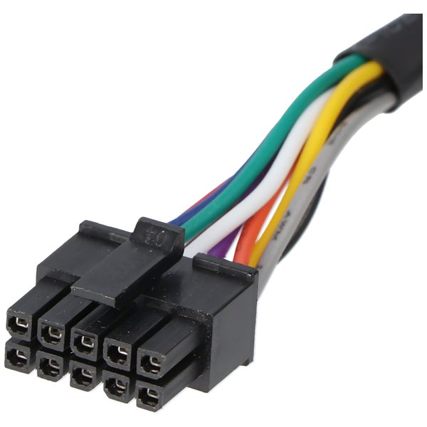 Schwarzer zehnpoliger Steckverbinder mit bunten Anschlusskabeln für Elektroinstallationen.