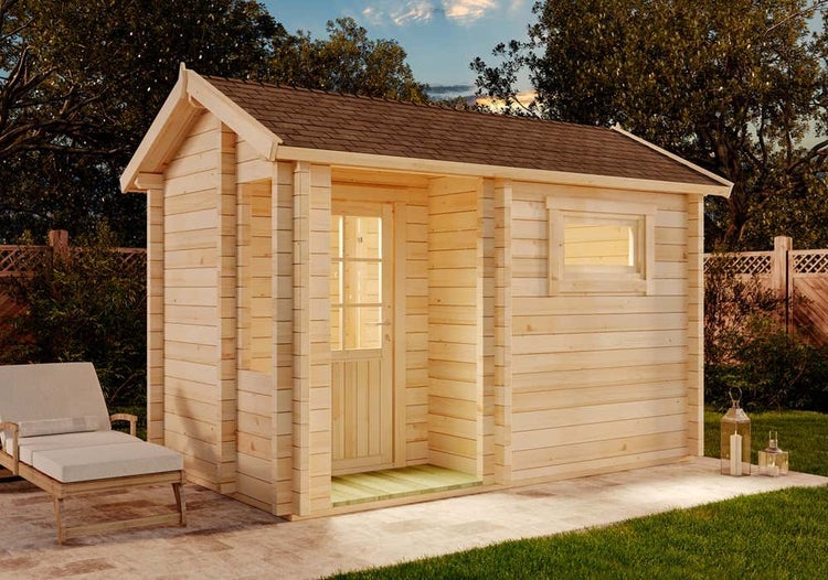 FinnTherm Saunahaus Basel-70 Gartensauna 2 Sitzbänke aus Holz, Sauna mit 70 mm Wandstärke, Außensauna, Naturbelassen 3,9x2,3m