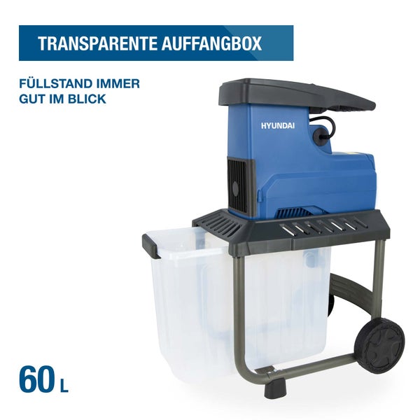 Hyundai Gartenhäcksler mit transparenter 60-Liter-Auffangbox für einfache Füllstandskontrolle.