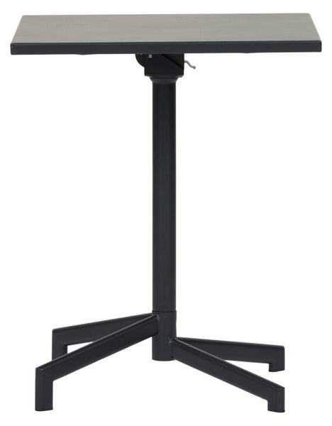 Quadratischer Stehtisch aus Metall in Schwarz mit Mittelfuß und Klappfunktion.