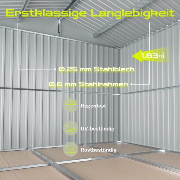 Innenansicht eines Gartenhauses mit Informationen zur Stahlblechdicke, Rahmenstärke, Grundfläche sowie Eigenschaften wie Regenfestigkeit, UV-Beständigkeit und Rostbeständigkeit