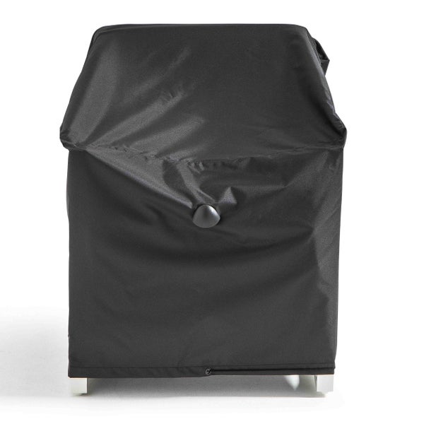 Schwarze Abdeckhaube für Grillgeräte aus witterungsbeständigem Material.