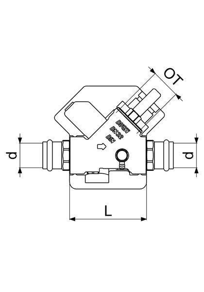 Technische Zeichnung eines Ventils mit Maßangaben für Durchmesser d, Länge L und Oberteil OT sowie den Aufschriften DVGW, DN32 und DIN.