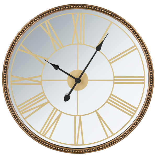 Runde Wanduhr mit Spiegelglas, römischen Ziffern und dekorativem Rahmen.