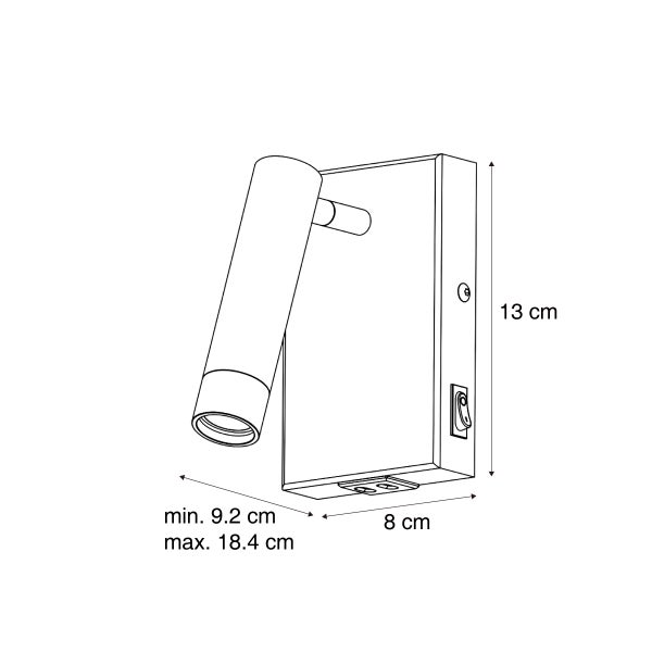 Maßzeichnung einer Wandleuchte mit verstellbarem Spot, Höhe 13 Zentimeter, Breite 8 Zentimeter, Tiefe minimal 9,2 bis maximal 18,4 Zentimeter.