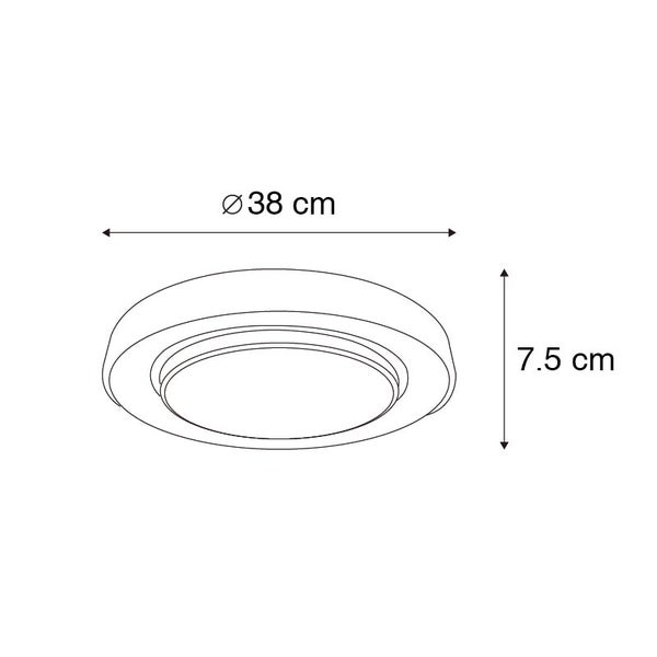 Abbildung einer Deckenleuchte mit den Maßen 38 Zentimeter Durchmesser und 7,5 Zentimeter Höhe.