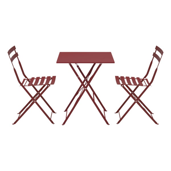 Klappbares Bistro-Set in Dunkelrot bestehend aus zwei Metallstühlen mit Latten und einem quadratischen Metalltisch.